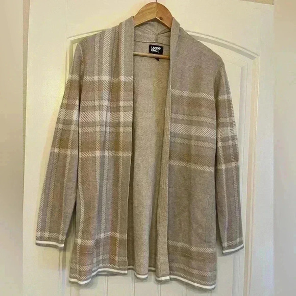 LAND’S END women’s open cardigan light cream tan design Size M petite pockets - Picture 1 of 7